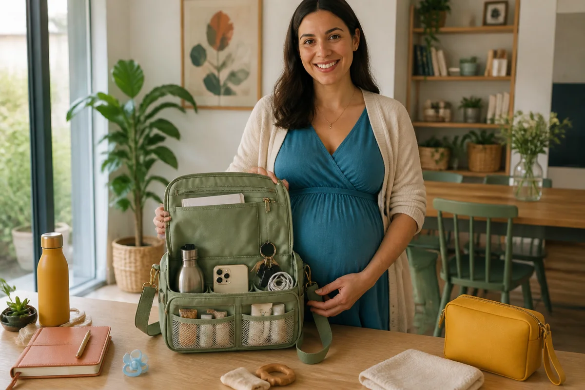 Femme enceinte organisant un sac à compartiments avec des accessoires de grossesse pratiques dans un intérieur lumineux.