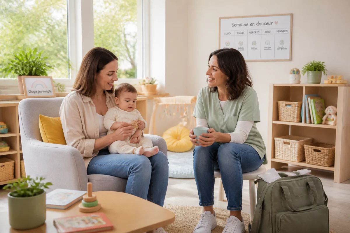 Accompagnement des jeunes mamans : une professionnelle soutient une mère sereine tenant son bébé dans un espace chaleureux