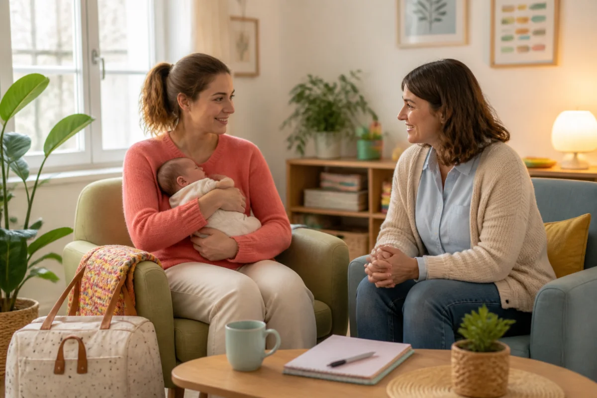 Accompagnement des jeunes mamans : intervenante à l’écoute d’une mère tenant son nouveau-né dans un lieu chaleureux