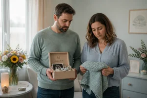 Couple endeuillé tenant une couverture tricotée et une boîte à souvenirs pour accompagner un deuil périnatal