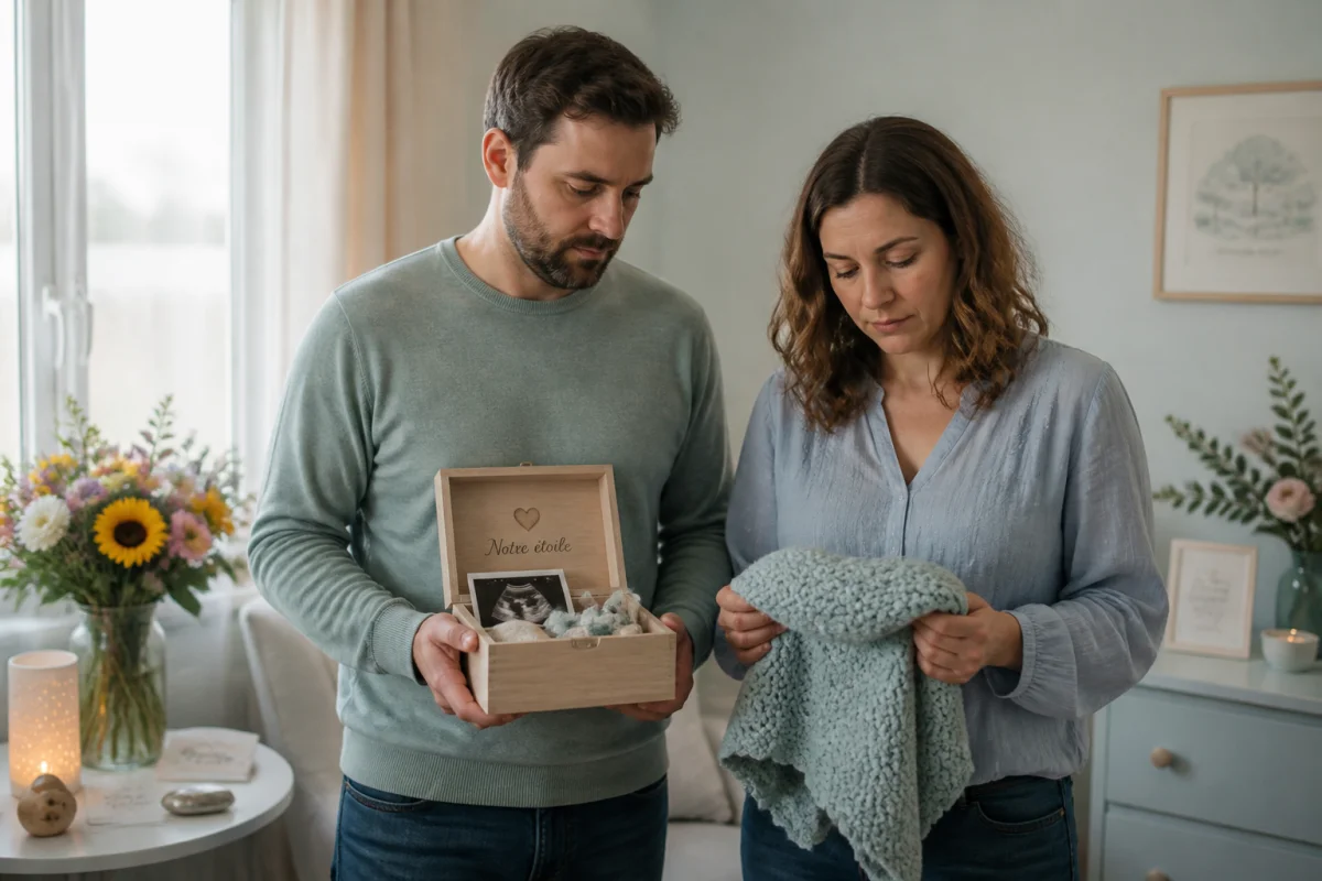 Couple endeuillé tenant une couverture tricotée et une boîte à souvenirs pour accompagner un deuil périnatal