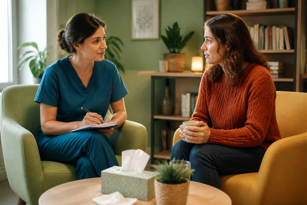 Professionnelle de santé accompagnant un parent endeuillé lors d’un entretien médical chaleureux après un deuil périnatal
