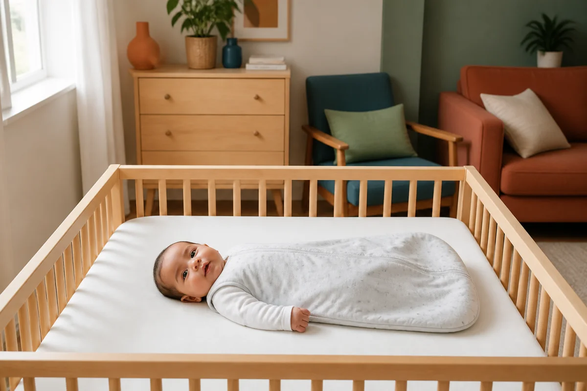 Nouveau-né dans un berceau sécurisé, espace de sommeil dégagé et préparé à domicile par ses parents