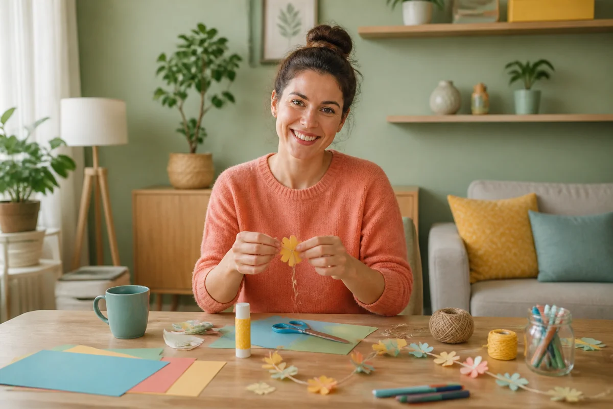Jeune maman réalisant une activité manuelle pour jeune maman avec papier coloré, colle et décorations sur une table lumineuse.