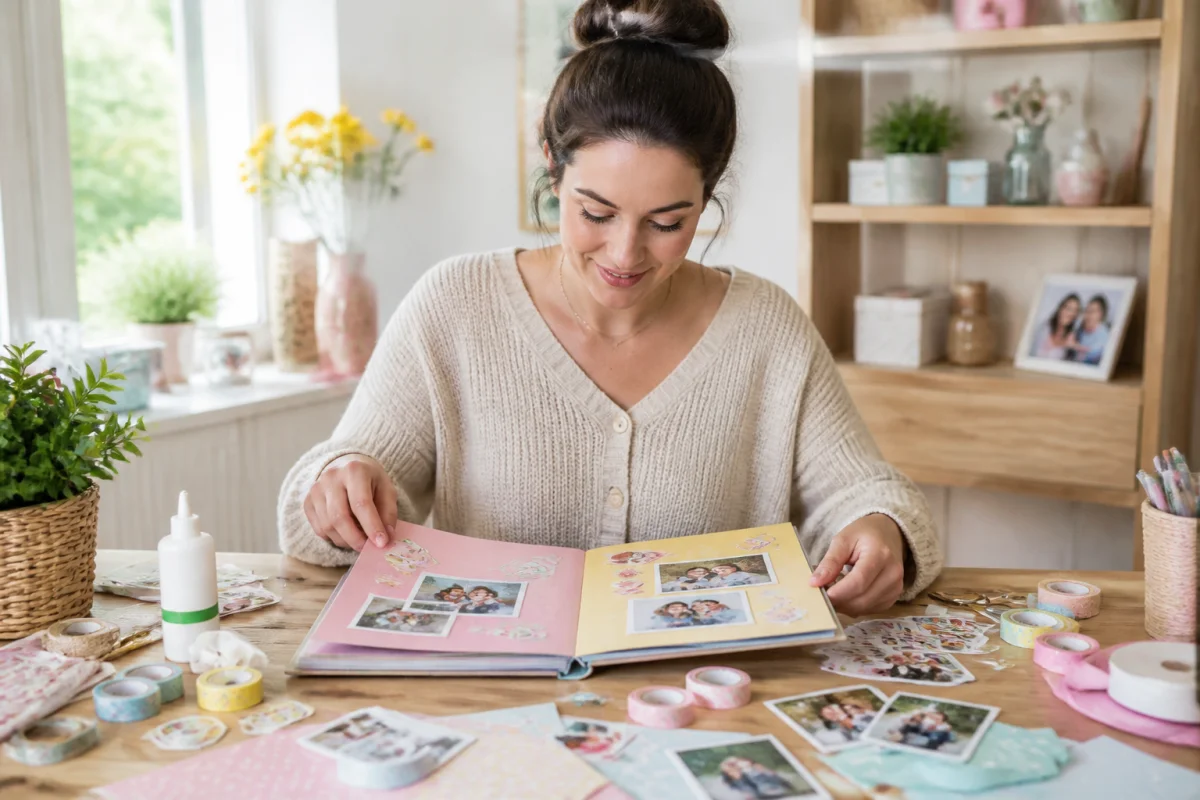 Jeune maman réalisant un livre souvenir fait main, entourée de fournitures créatives colorées sur une table en bois
