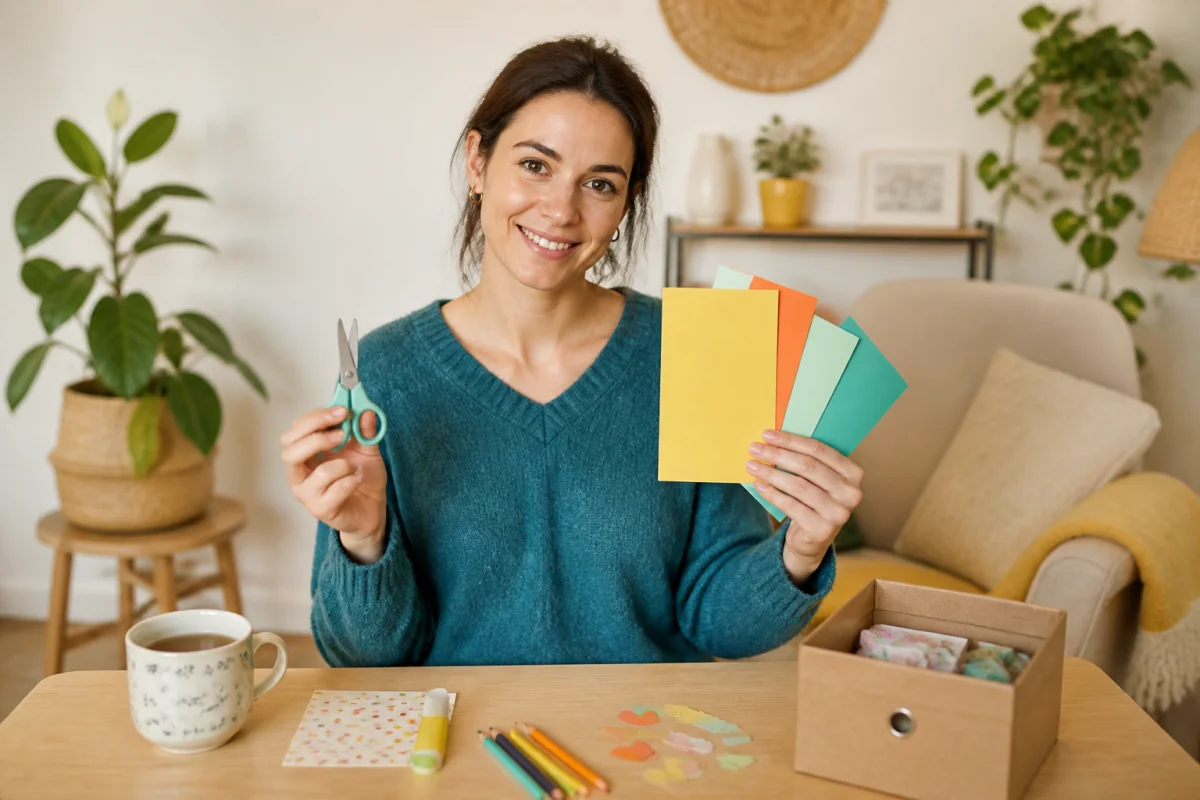 Jeune mère présentant une activité manuelle post-partum simple avec feuilles colorées, ciseaux, colle et décorations en papier