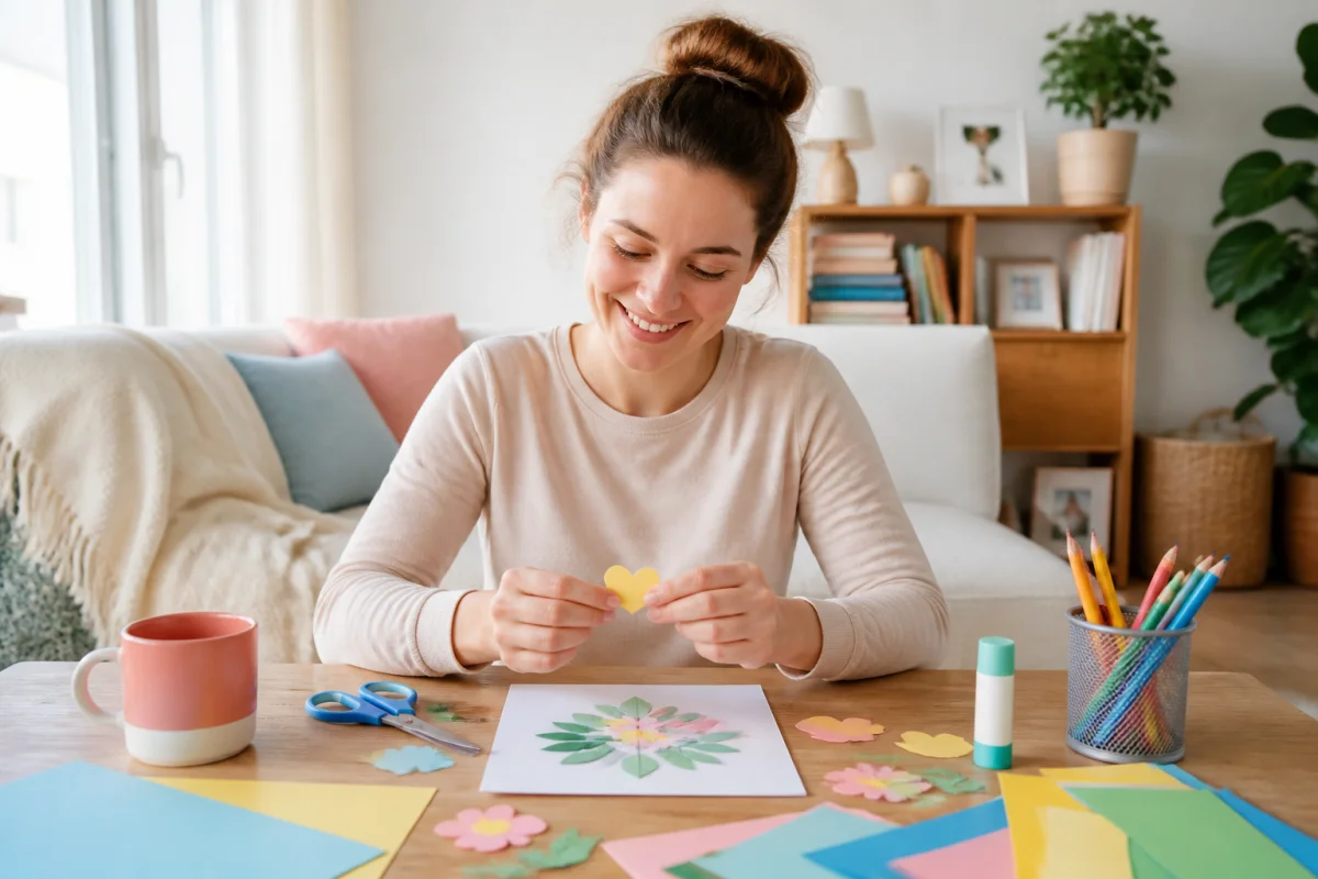 Jeune mère réalisant une activité manuelle post-partum simple avec du papier coloré dans un intérieur lumineux et chaleureux