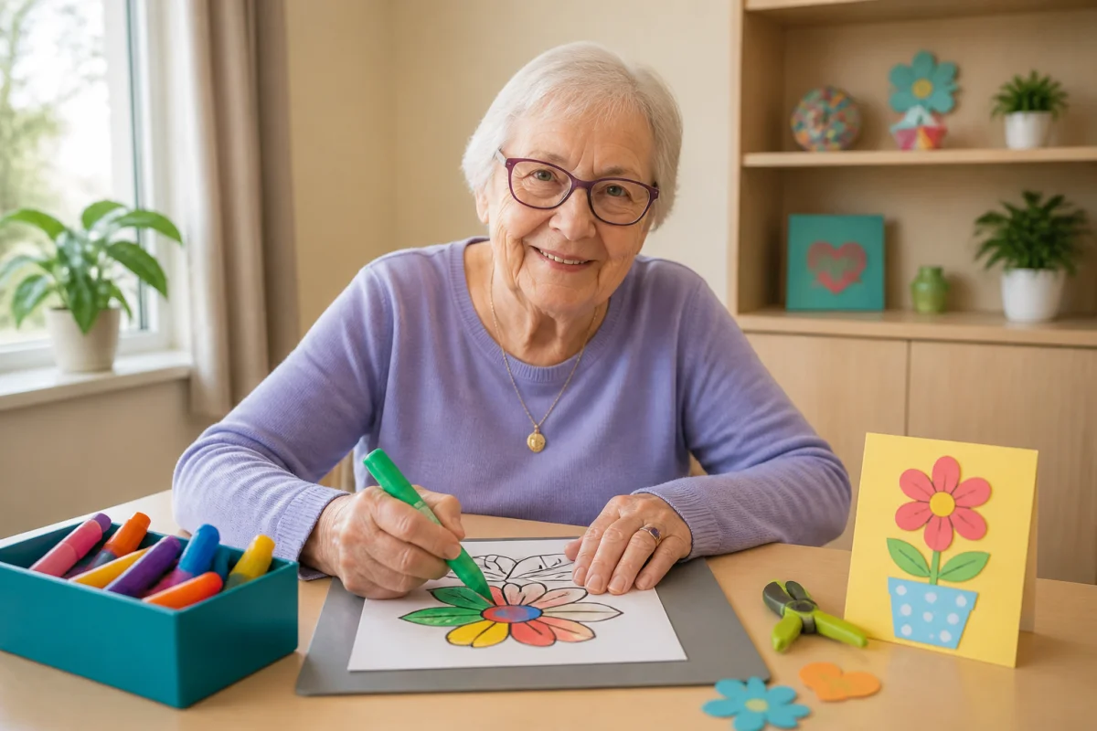Personne âgée souriante réalisant un coloriage à grands motifs, activité adaptée pour personnes âgées, dans une salle lumineuse.