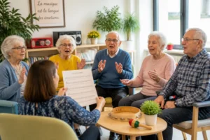 Personnes âgées chantant et rythmant une séance de musique conviviale dans un établissement lumineux d’accueilેણ