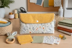 Activités manuelles pour futurs parents : pochette de rangement et lingettes lavables pour bébé sur table créative