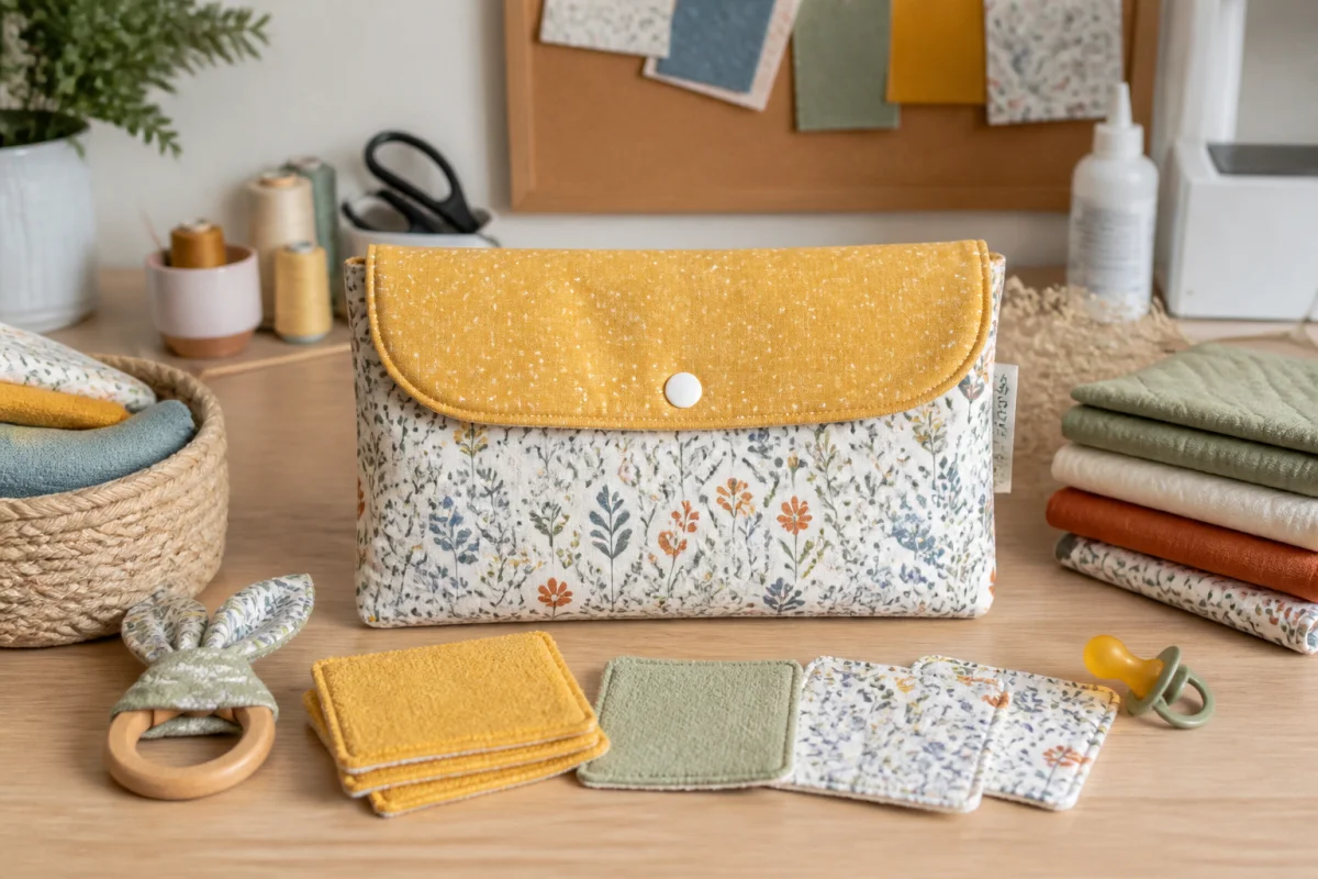 Activités manuelles pour futurs parents : pochette de rangement et lingettes lavables pour bébé sur table créative