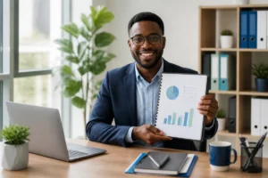 Entrepreneur souriant présentant un dossier professionnel, illustrant les aides à la création d’entreprise dans un bureau lumineux