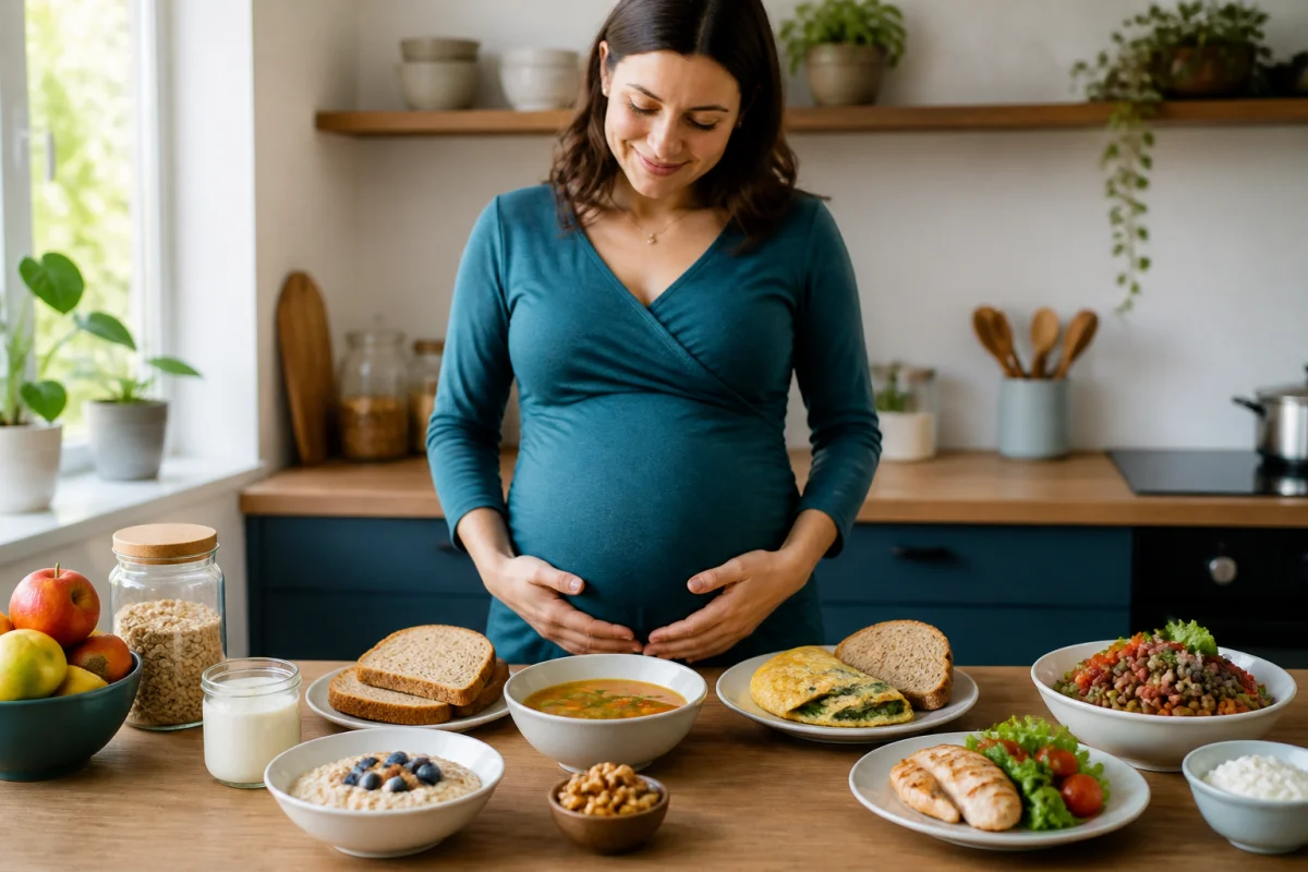 Femme enceinte préparant une alimentation pendant la grossesse équilibrée, avec petits-déjeuners, déjeuner et dîner nutritifs dans une cuisine lumineuse.