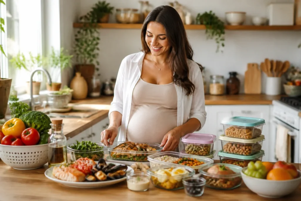 Femme enceinte préparant des repas équilibrés avec légumes, céréales, œufs et légumineuses pour une alimentation pendant la grossesse