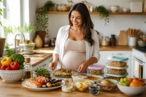 Femme enceinte préparant des repas équilibrés avec légumes, céréales, œufs et légumineuses pour une alimentation pendant la grossesse