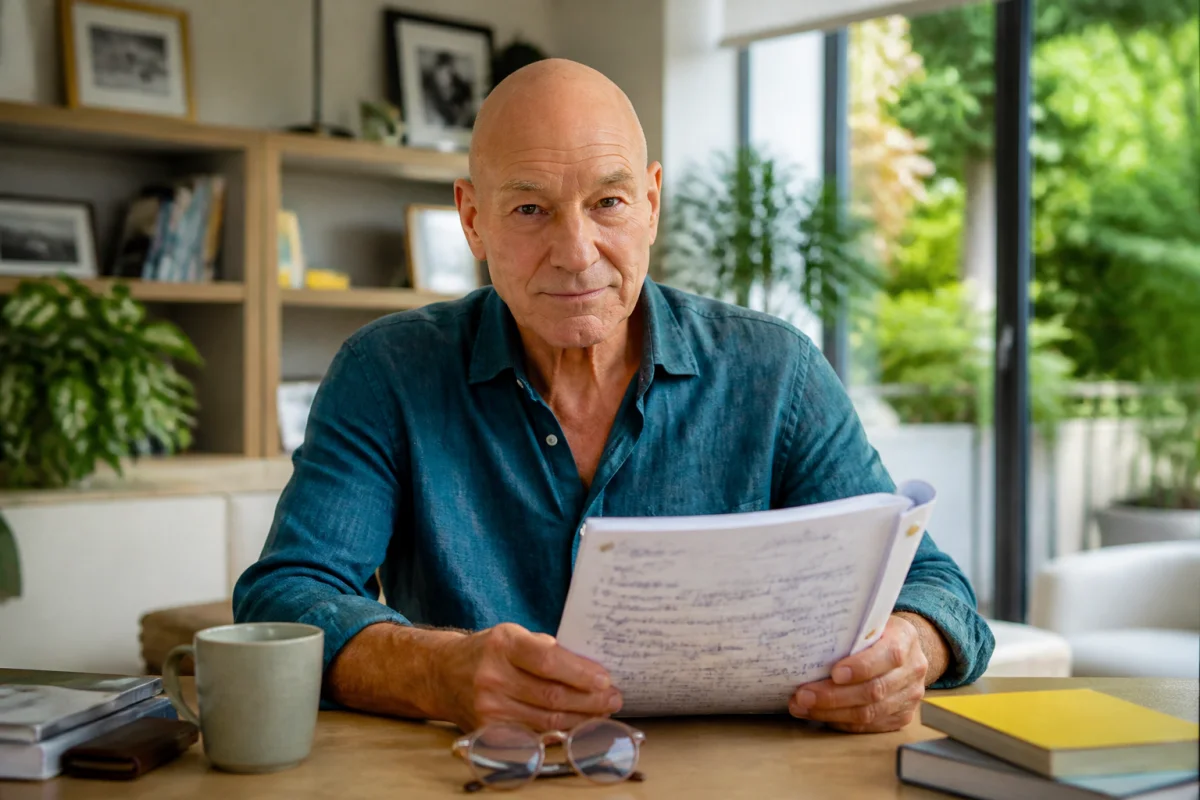 Autre acteur de série culte, chauve et expressif, lisant un scénario annoté dans un bureau lumineux.