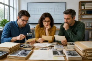 Autres acteurs de séries cultes fictifs consultant des fiches biographiques dans un bureau d’archives lumineux.