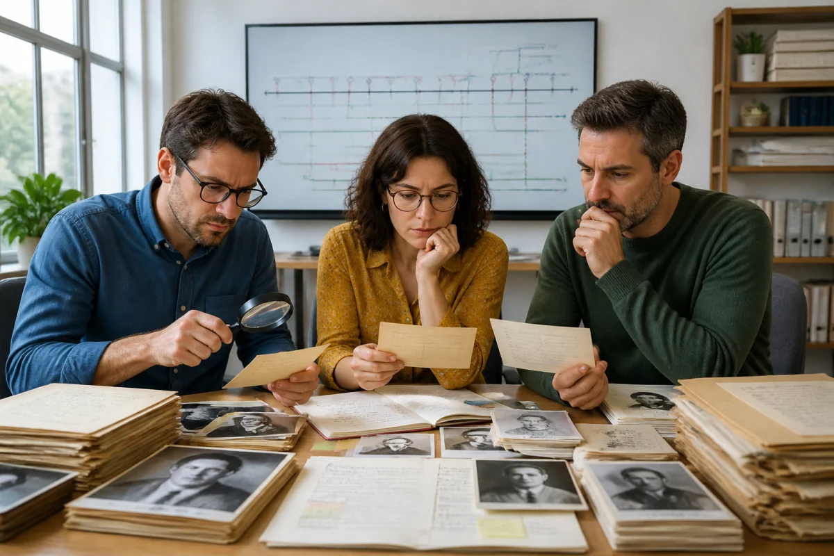 Autres acteurs de séries cultes fictifs consultant des fiches biographiques dans un bureau d’archives lumineux.