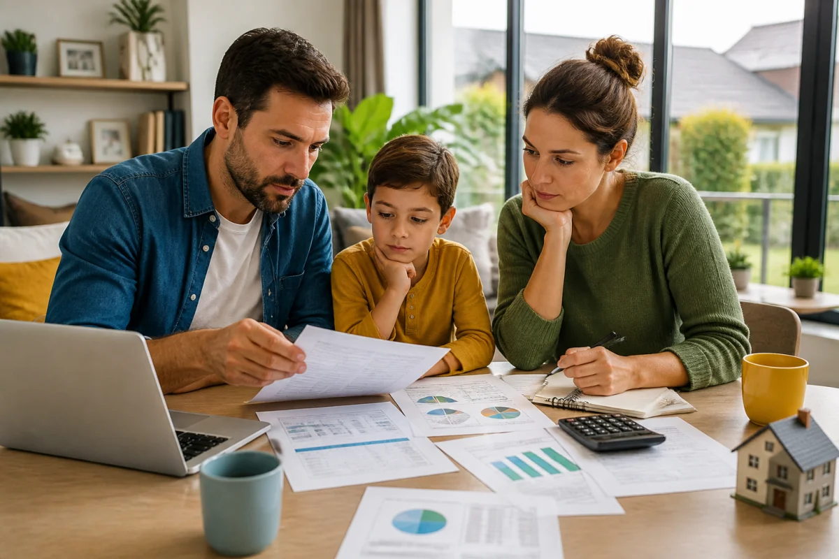 Famille examinant sereinement un budget familial pour achat immobilier avec calculatrice, documents et ordinateur portable