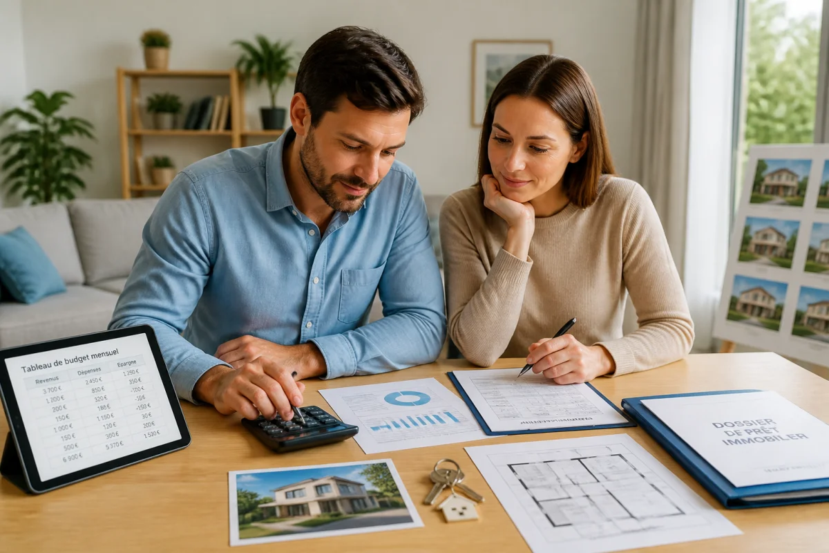 Couple examinant sereinement leur budget familial pour achat immobilier avec calculatrice, documents financiers et dossier de prêt