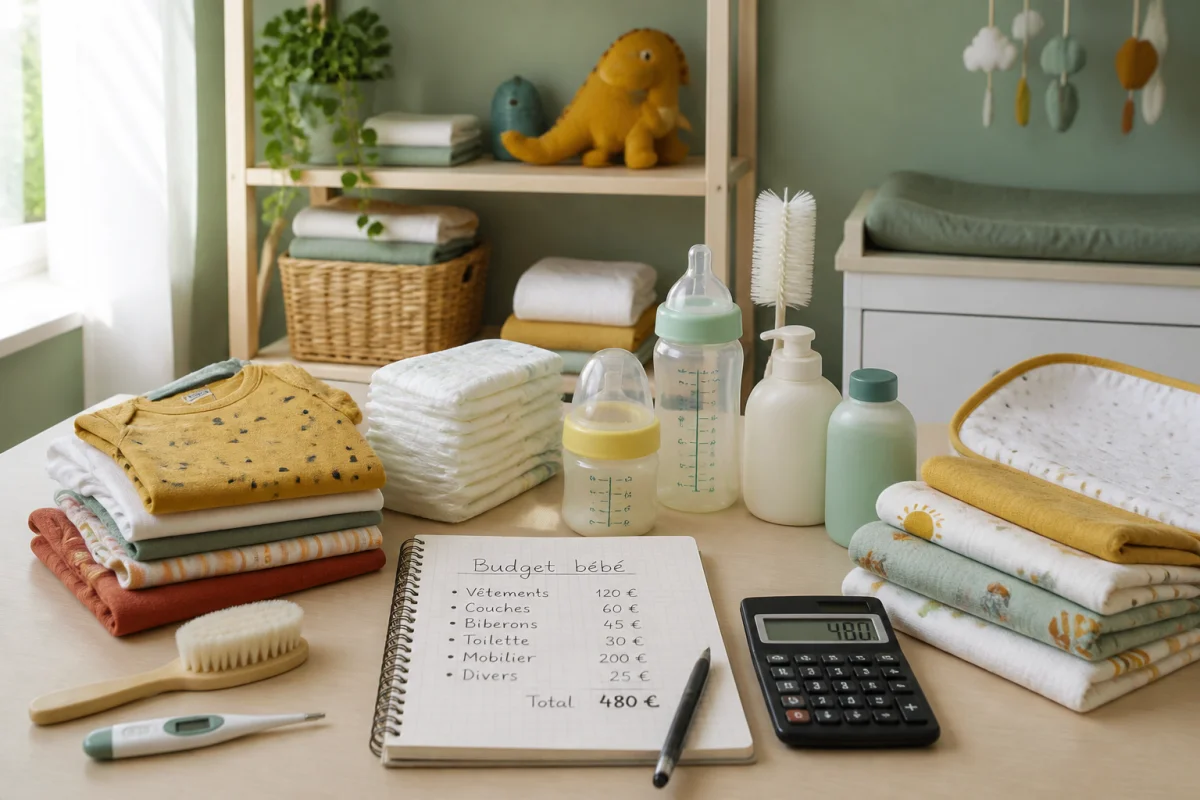 Préparer un budget de naissance avec vêtements, couches, biberons, soins, mobilier, carnet de dépenses et calculatrice