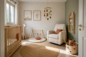 Chambre de bébé personnalisée et fonctionnelle avec lit évolutif, fauteuil et espace d’éveil dans une ambiance naturelle