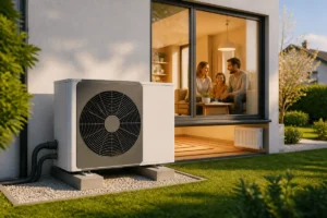 Pompe à chaleur air-eau devant une maison familiale, avec jeune famille visible aux fenêtres et jardin soigné