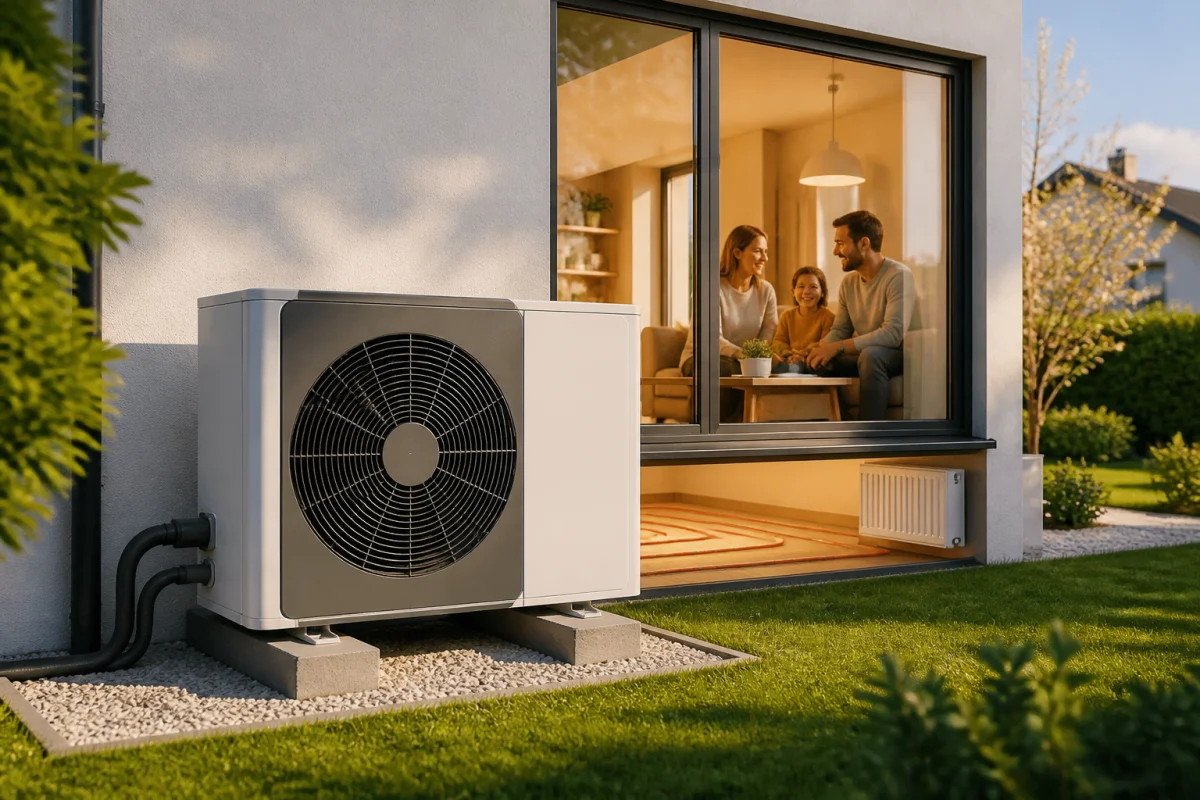 Pompe à chaleur air-eau devant une maison familiale, avec jeune famille visible aux fenêtres et jardin soigné