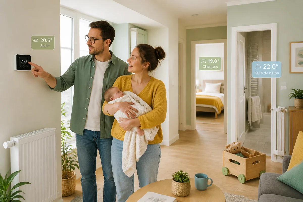 Jeune famille avec bébé réglant un thermostat, illustrant un chauffage écologique pour jeune famille dans une maison confortable
