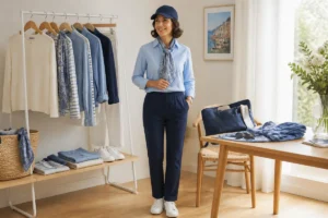 Jeune mère portant une tenue d’allaitement pratique avec chemise bleu ciel, pantalon confortable et foulard léger