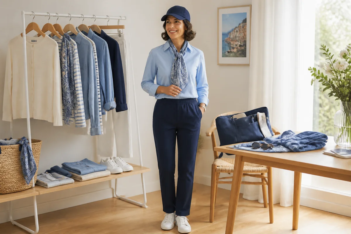 Jeune mère portant une tenue d’allaitement pratique avec chemise bleu ciel, pantalon confortable et foulard léger