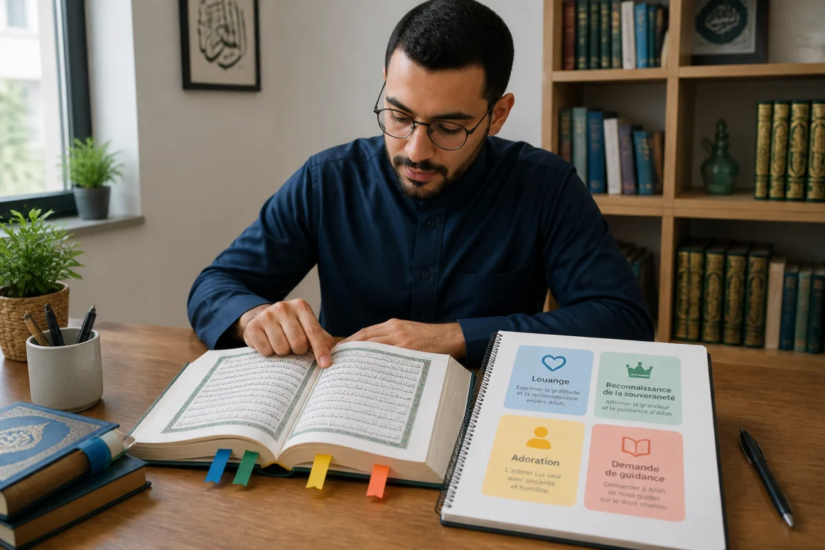 Personne étudiant une sourate ouverte avec quatre marque-pages colorés et un carnet structuré sur un bureau lumineux
