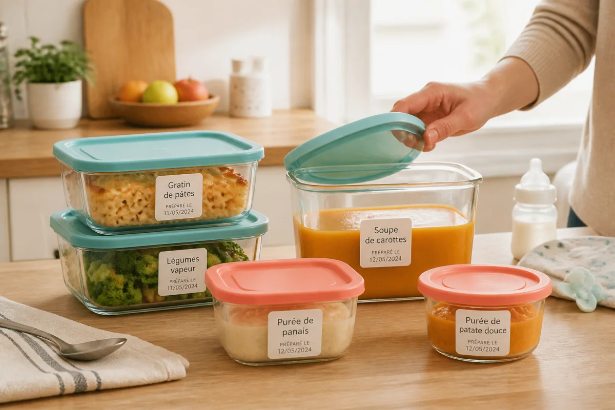 Contenants hermétiques de repas portionnés et étiquetés, facilitant la conservation des repas après la naissance dans une cuisine familiale.