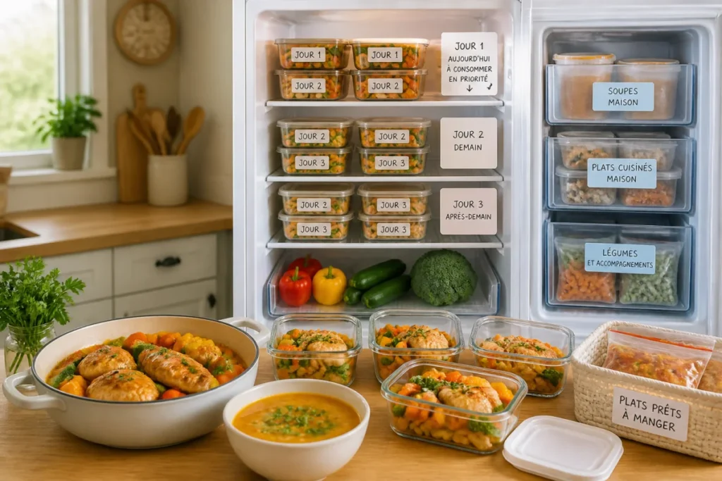 Repas faits maison organisés au réfrigérateur : poulet aux légumes, soupe et portions prêtes à manger pour trois jours.