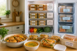 Repas faits maison organisés au réfrigérateur : poulet aux légumes, soupe et portions prêtes à manger pour trois jours.