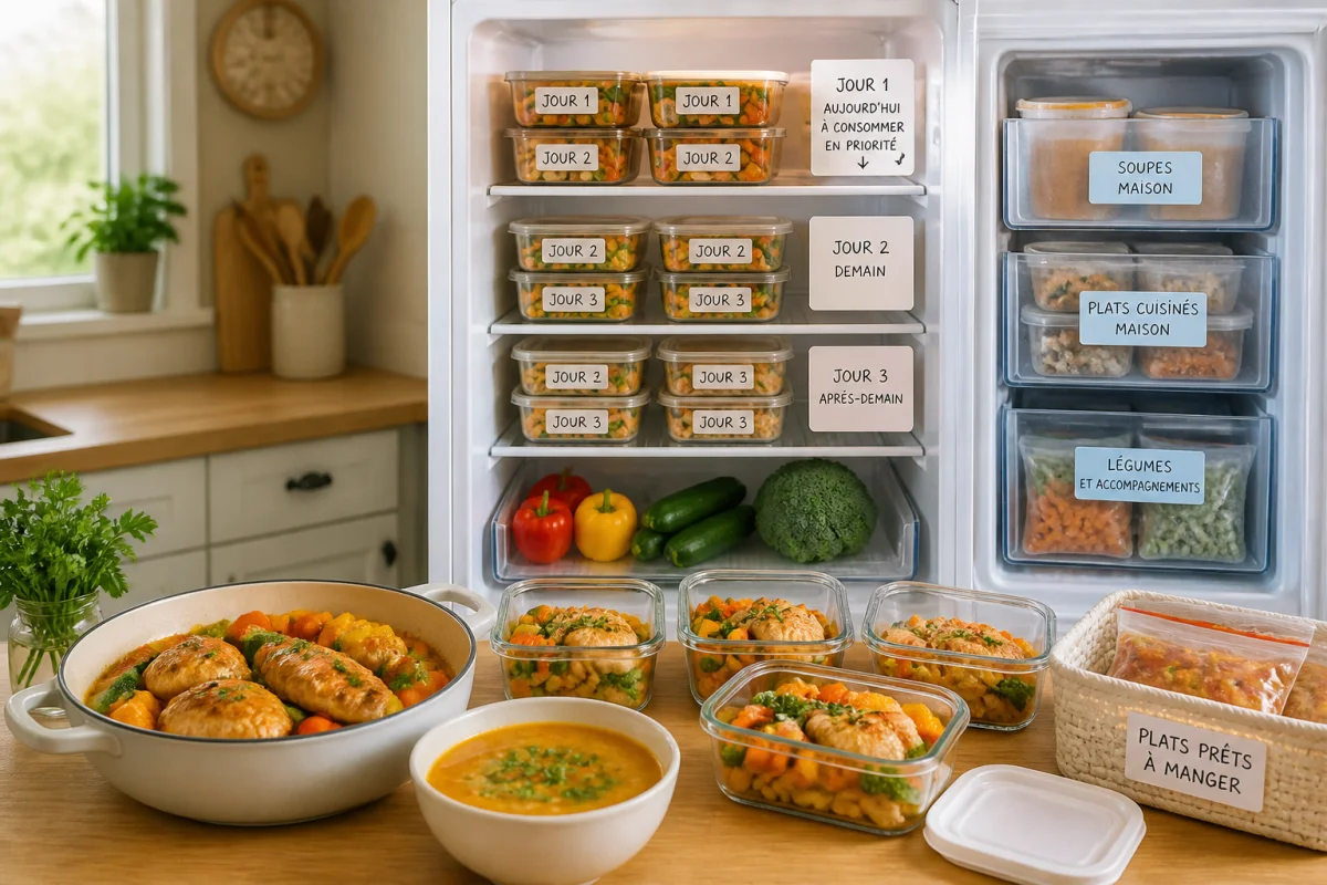 Repas faits maison organisés au réfrigérateur : poulet aux légumes, soupe et portions prêtes à manger pour trois jours.