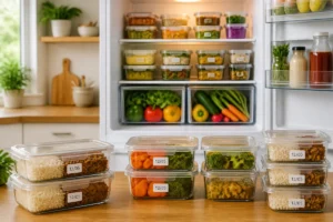 Conservation des repas maison en famille dans des boîtes hermétiques organisées au réfrigérateur, avec portions étiquetées et aliments séparés
