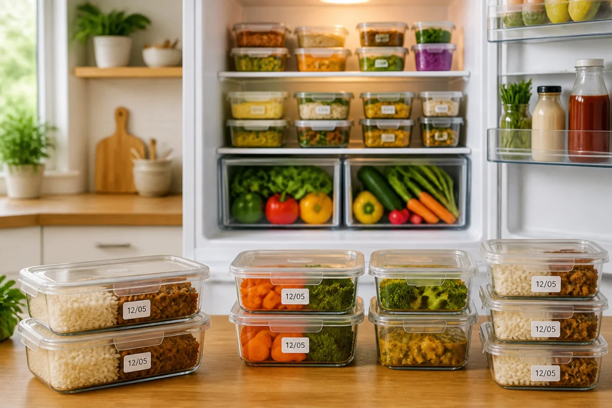 Conservation des repas maison en famille dans des boîtes hermétiques organisées au réfrigérateur, avec portions étiquetées et aliments séparés