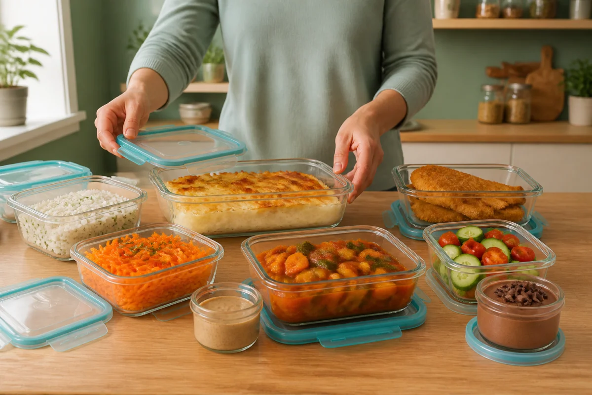 Organisation de repas maison en famille dans des boîtes hermétiques, avec sauce séparée et aliments soigneusement portionnés