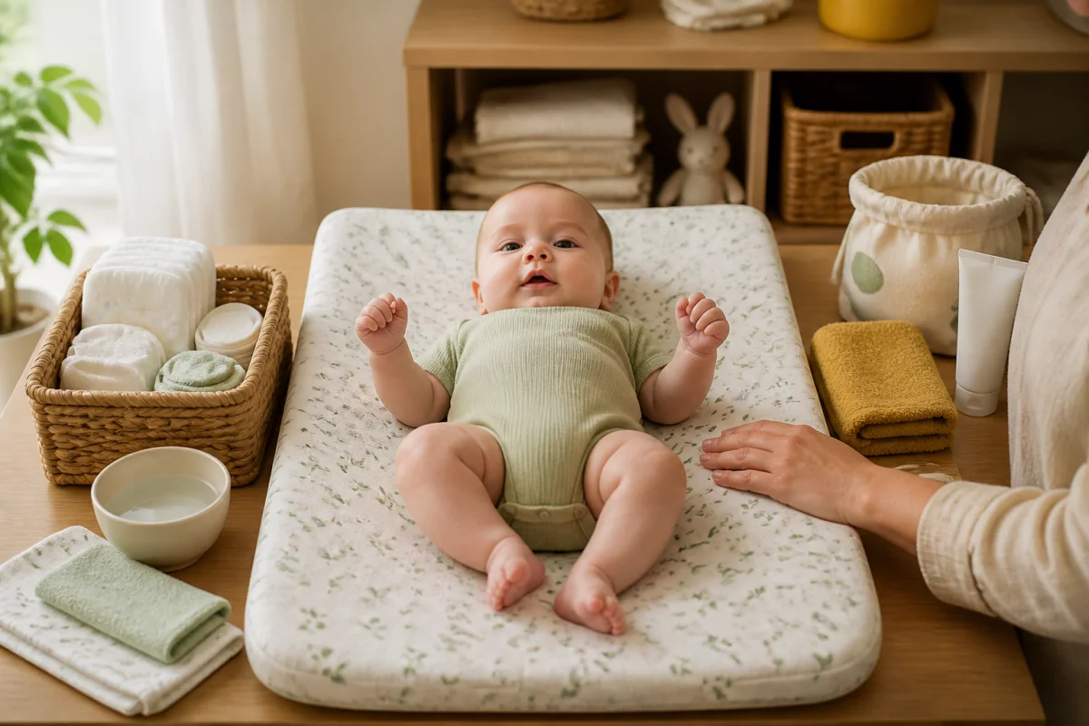 Bébé sur un tapis de change, avec couches et premiers soins bébé à portée de main sous surveillance adulte