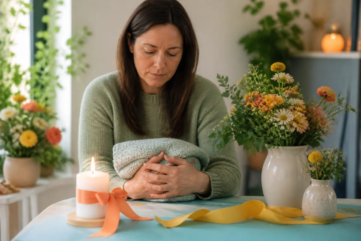 Parent en recueillement tenant une couverture tricotée près d’une bougie, pour une cérémonie de deuil périnatal