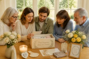 Famille réunie autour d’une boîte à souvenirs, de fleurs et d’objets symboliques pour honorer un bébé disparu