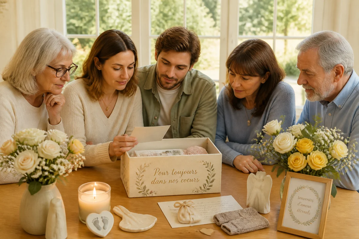Famille réunie autour d’une boîte à souvenirs, de fleurs et d’objets symboliques pour honorer un bébé disparu
