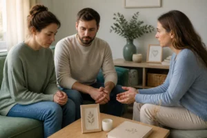 Parents endeuillés échangeant avec un proche bienveillant, illustrant le deuil périnatal et le soutien aux parents