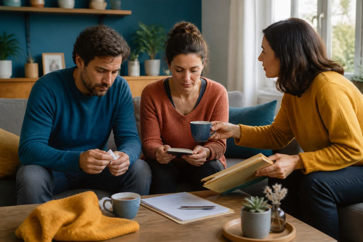 Parents endeuillés accompagnés avec douceur au quotidien, illustrant le deuil périnatal et le soutien aux parents