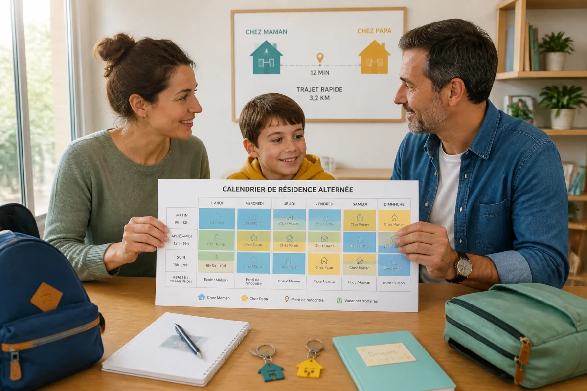 Parents séparés organisant sereinement la résidence alternée de leur enfant autour d’un calendrier familial hebdomadaire