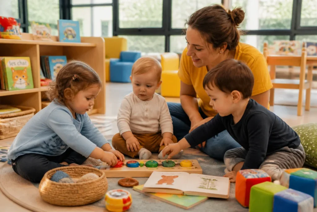 Éveil bébé 18 mois en crèche : enfant observant ses pairs autour d’un jouet sensoriel, accompagné par une professionnelle