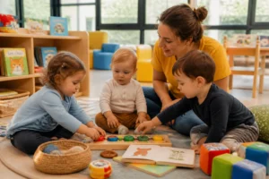 Éveil bébé 18 mois en crèche : enfant observant ses pairs autour d’un jouet sensoriel, accompagné par une professionnelle