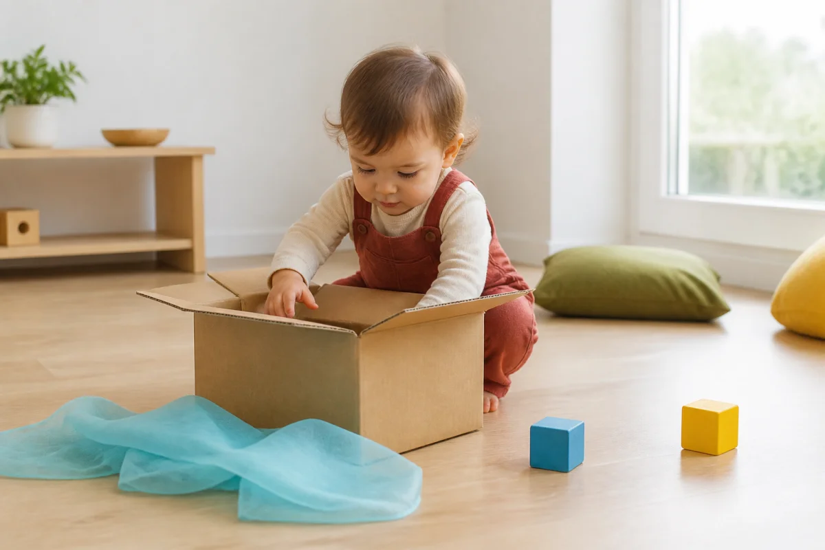 Éveil bébé 18 mois : enfant explorant une boîte en carton avec cubes en bois et foulard coloré