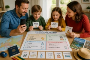 Famille préparant des langues européennes pour voyager en famille autour d’une fiche de phrases et d’une carte de l’Europe